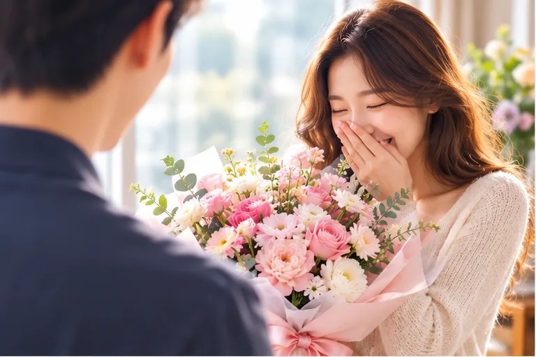 꽃다발을 받고 감동해 웃음을 감추지 못하는 여성
