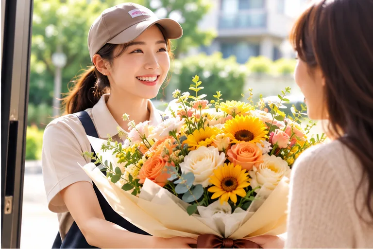 배송 기사가 꽃다발을 고객에게 전달하는 모습