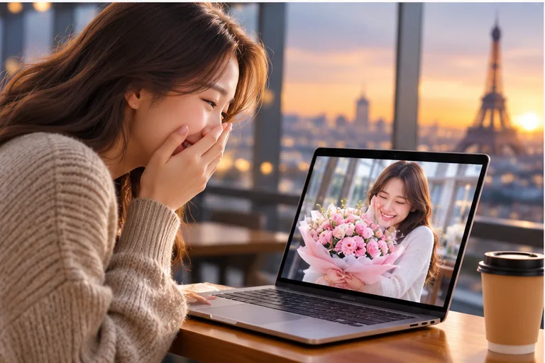 영상통화로 꽃 선물을 받은 순간을 함께 나누는 모습