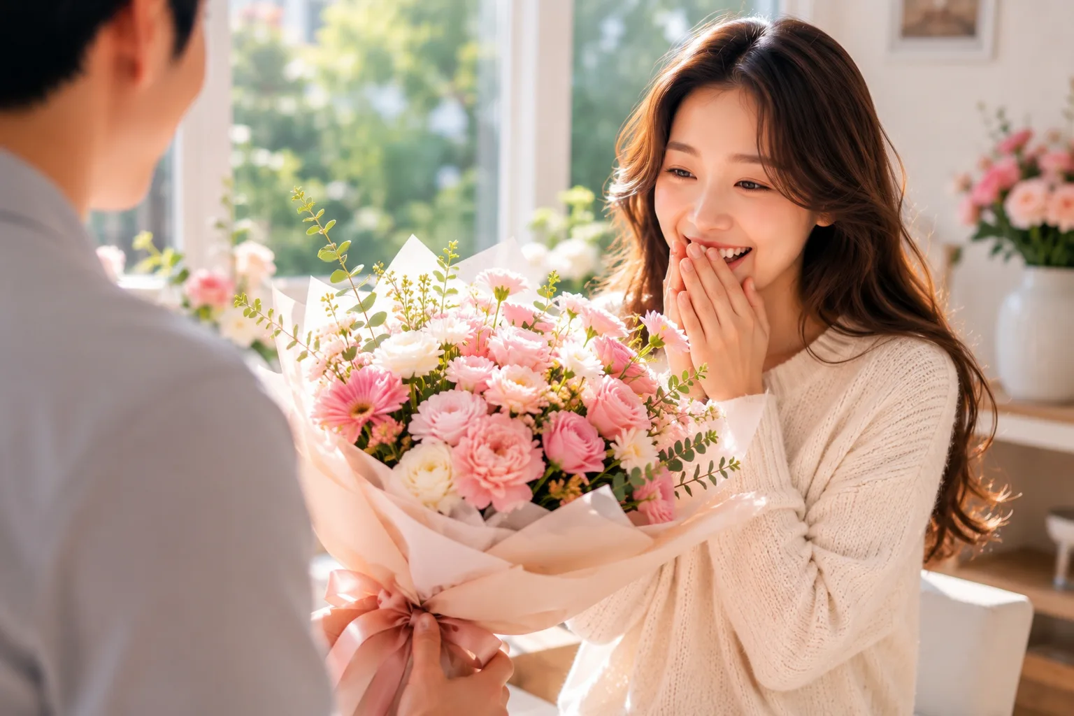 꽃다발을 건네받고 두 손으로 입을 가리며 기뻐하는 여성